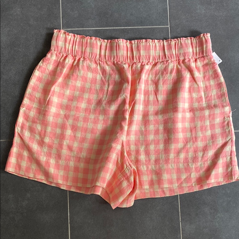 New Anthropologie Lou & Grey Pink Tan Plaid Linen Paper Bag Waist Shorts